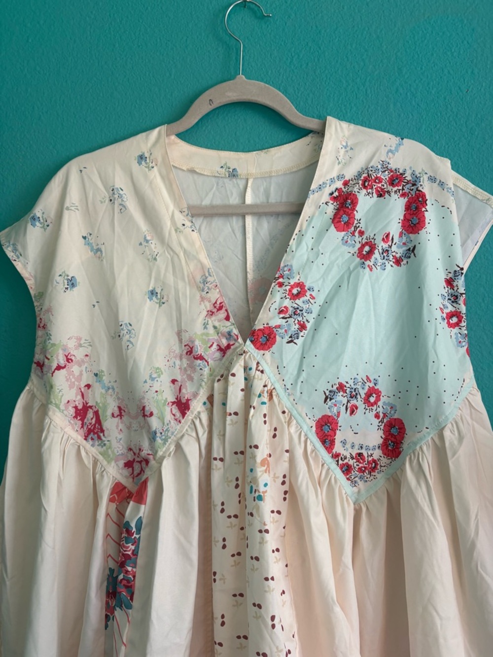 Boho Mini Dress Y2k Floral Print Deep V-Neck Puff Sleeve babydoll dress - Picture 8 of 8